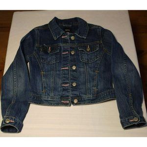 Gap Kids Youth Girls Blue Denim Jean Jacket Button Up Sz Medium Pink embroidery.